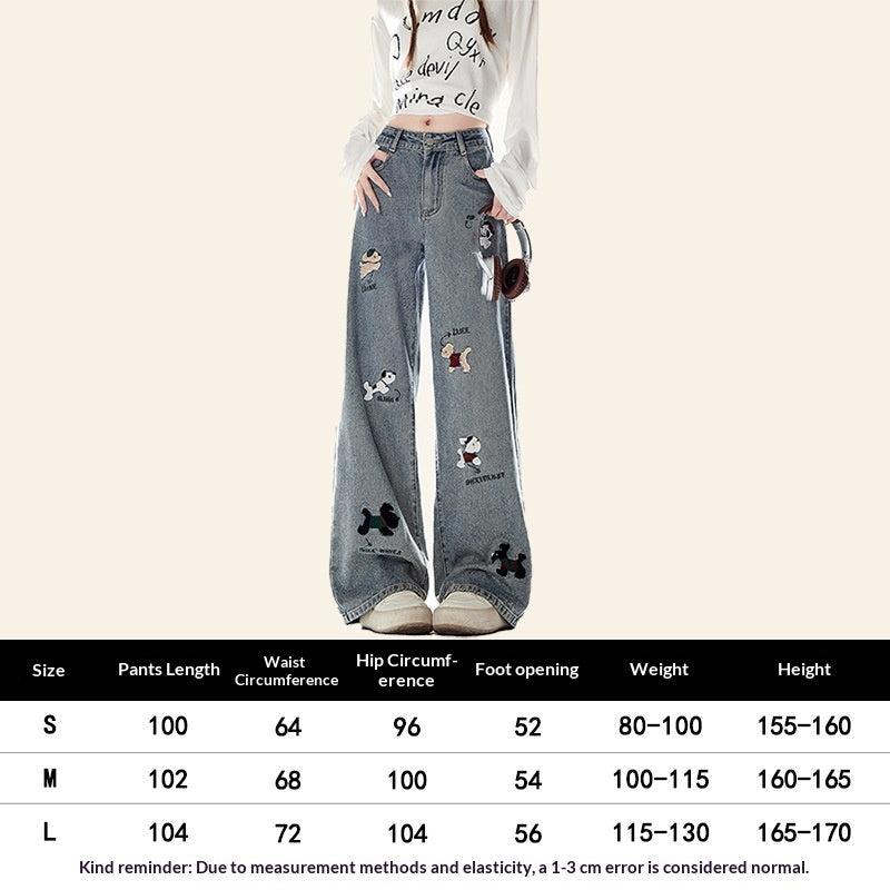 Natural Rustic-style Embroidered Denim Jeans With A Puppy Design For Women