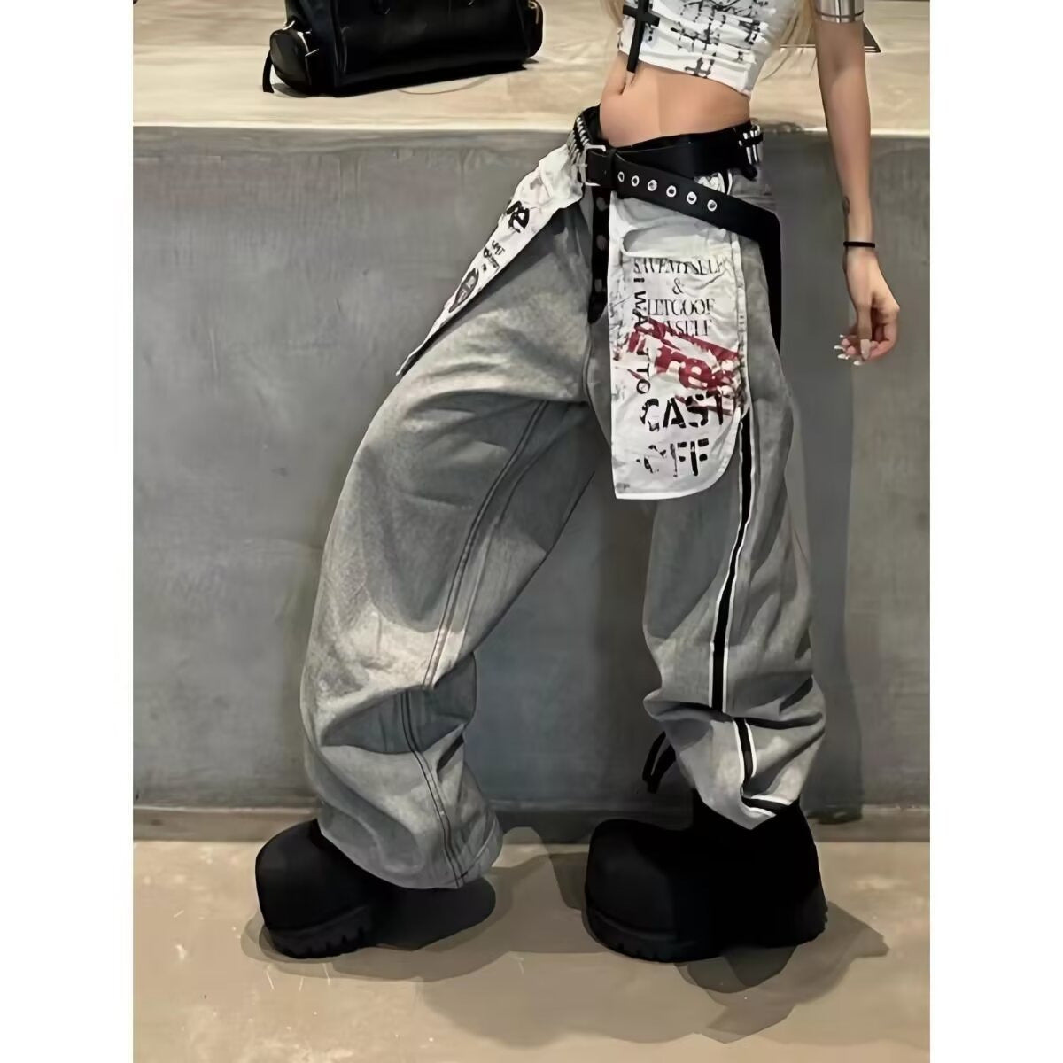 Retro Pocket Print Jeans For Men And Women Loose Fit