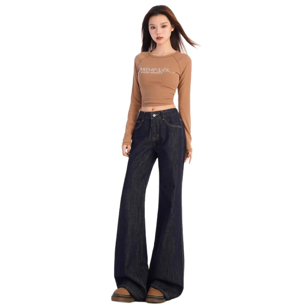 American-Style Dark Blue Low-Waist Flared Jeans For Women