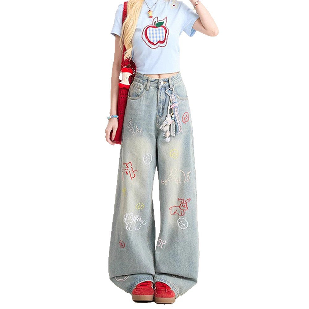 Cartoon Embroidered Jeans For Women