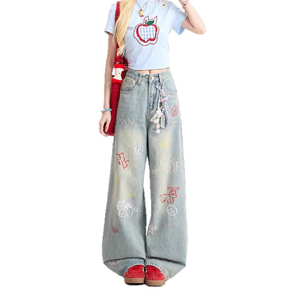 Cartoon Embroidered Jeans For Women