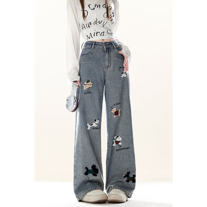 Natural Rustic-style Embroidered Denim Jeans With A Puppy Design For Women