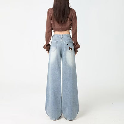Fashionable Embroidered Wide-Leg Denim Jeans For Women