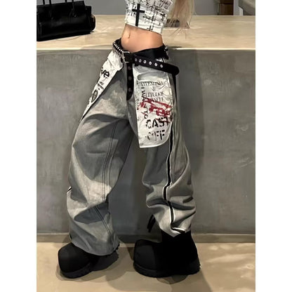 Retro Pocket Print Jeans For Men And Women Loose Fit
